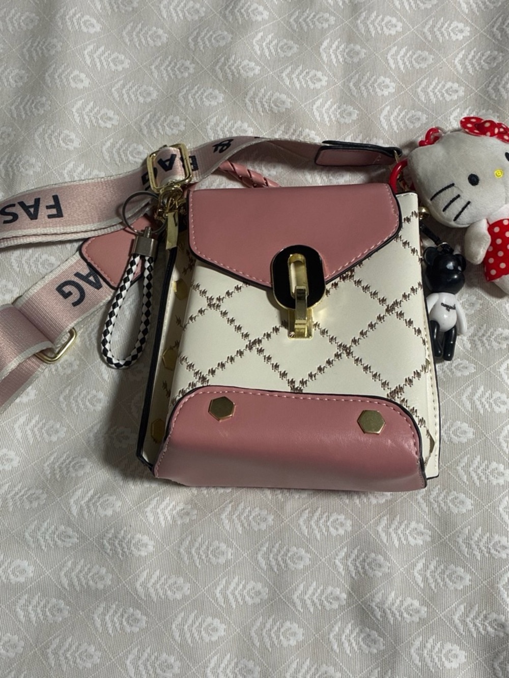 Pink & Cream Crossbody Satchel Bag with Gold Hardware